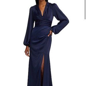 THEIA Kali Navy Blue Wrapped Satin Gown